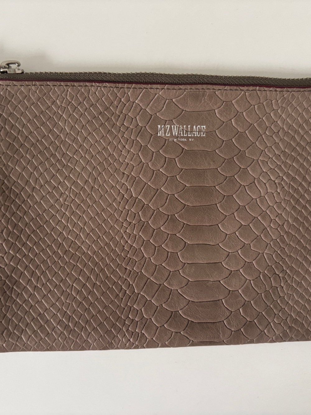 MZ Wallace  Taupe Embossed Leather Tassel Wristlet